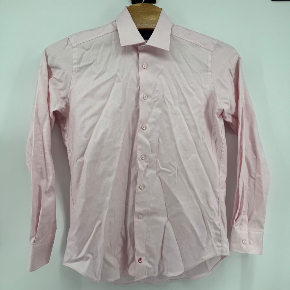 David Donahue Dress Shirt Mens 16.5 36/37 Pink Trim Fit Micro Check Cotton - Picture 2 of 9